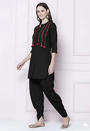 Embroidered Rayon Co Ord Set in Black