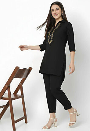 Embroidered Rayon Co Ord Set in Black