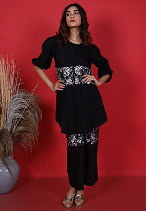 Embroidered Rayon Co Ord Set in Black