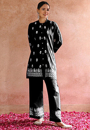 Embroidered Rayon Co Ord Set in Black