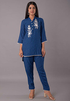 Embroidered Rayon Co Ord Set in Blue