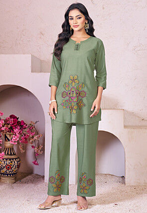 Embroidered Rayon Co Ord Set in Green