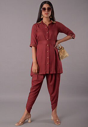 Embroidered Rayon Co Ord Set in Maroon