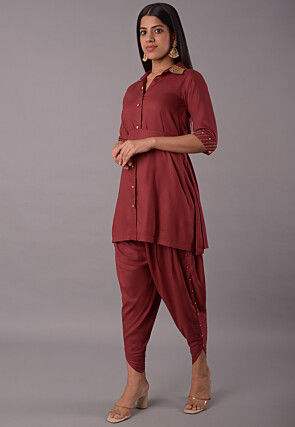 Embroidered Rayon Co Ord Set in Maroon