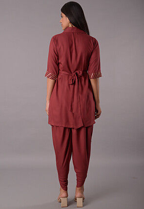 Embroidered Rayon Co Ord Set in Maroon