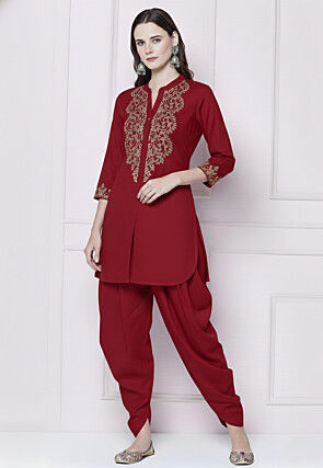 Embroidered Rayon Co Ord Set in Maroon