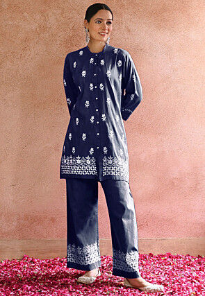 Embroidered Rayon Co Ord Set in Navy Blue
