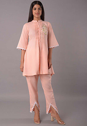 Embroidered Rayon Co Ord Set in Peach
