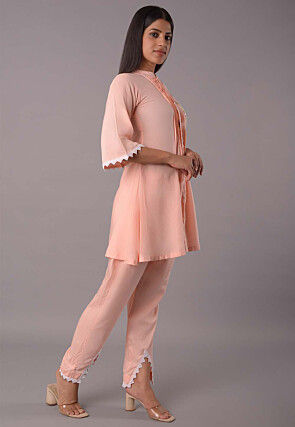 Embroidered Rayon Co Ord Set in Peach