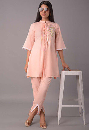Embroidered Rayon Co Ord Set in Peach