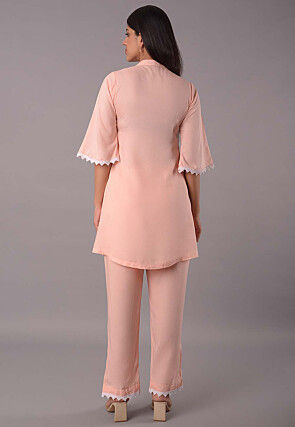 Embroidered Rayon Co Ord Set in Peach