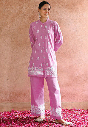 Embroidered Rayon Co Ord Set in Pink