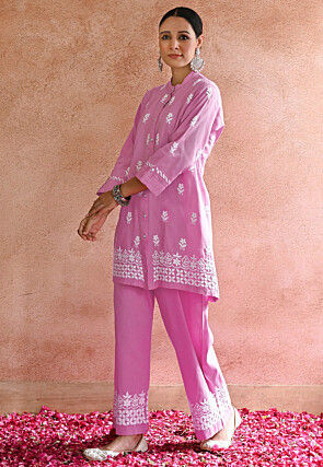 Embroidered Rayon Co Ord Set in Pink