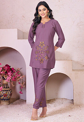 Embroidered Rayon Co Ord Set in Purple