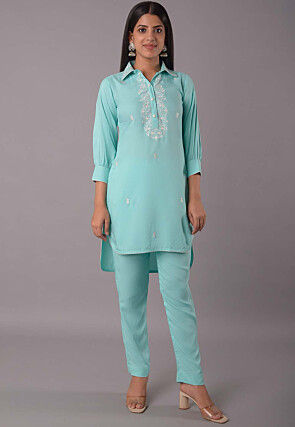 Embroidered Rayon Co Ord Set in Sky Blue