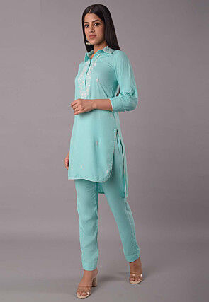 Embroidered Rayon Co Ord Set in Sky Blue
