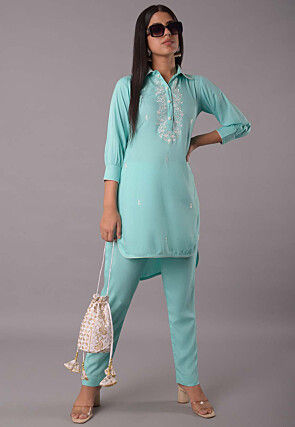 Embroidered Rayon Co Ord Set in Sky Blue