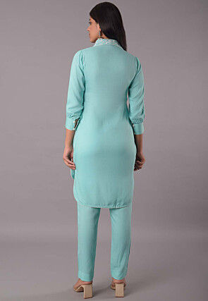 Embroidered Rayon Co Ord Set in Sky Blue