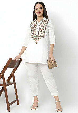 Embroidered Rayon Co Ord Set in White