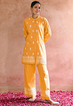 Embroidered Rayon Co Ord Set in Yellow