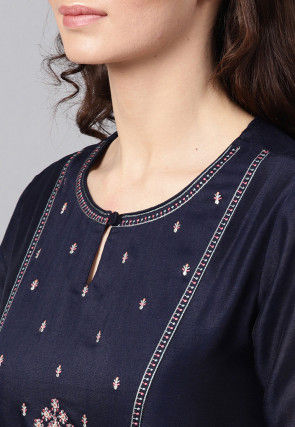 Embroidered Rayon Cotton A Line Kurta in Navy Blue
