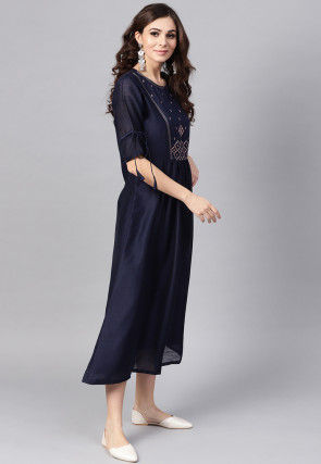 Embroidered Rayon Cotton A Line Kurta in Navy Blue