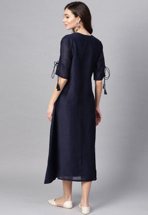 Embroidered Rayon Cotton A Line Kurta in Navy Blue