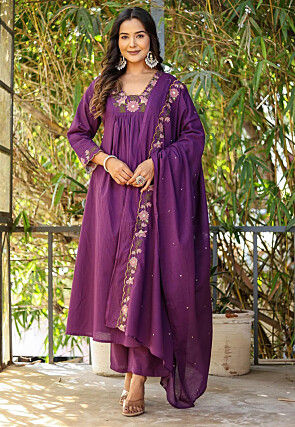 Embroidered Rayon Cotton A Line Suit in Purple