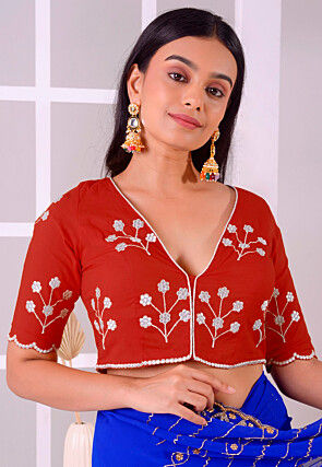Embroidered Rayon Cotton Blouse in Maroon