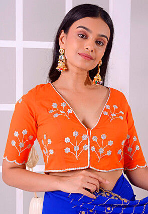 Embroidered Rayon Cotton Blouse in Orange