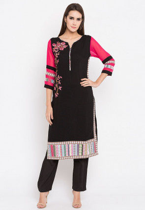 Embroidered Rayon Cotton Kurta in in Black and Fuchsia