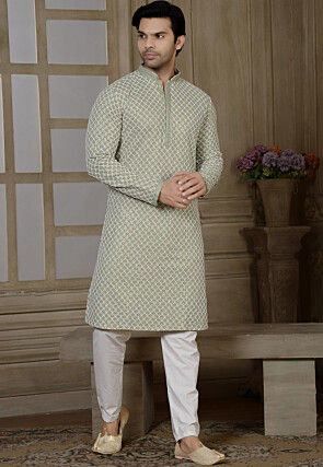 Embroidered Rayon Cotton Kurta Set in Light Green