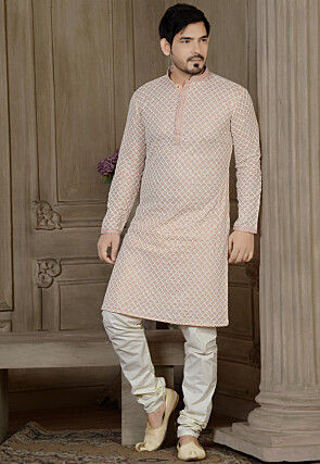 Embroidered Rayon Cotton Kurta Set in Peach