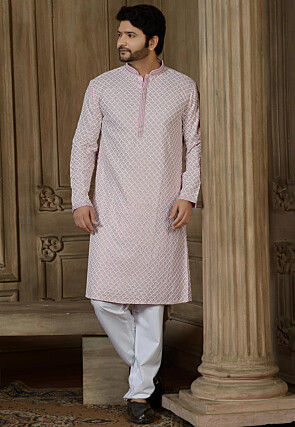 Embroidered Rayon Cotton Kurta Set in Pink