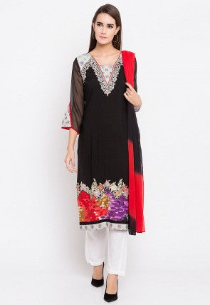 Embroidered Rayon Cotton Pakistani Suit in Black
