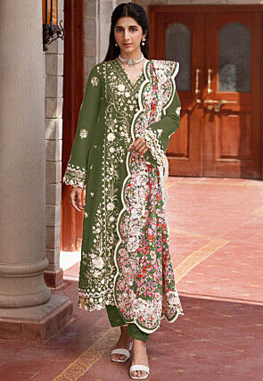 Embroidered Rayon Cotton Pakistani Suit in Dark Olive Green