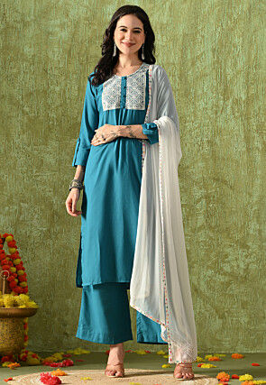 Embroidered Rayon Cotton Pakistani Suit in Teal Blue