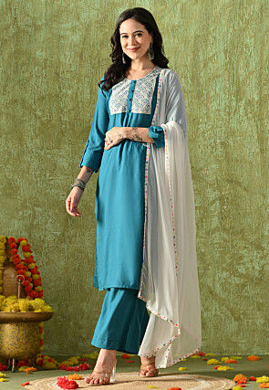 Embroidered Rayon Cotton Pakistani Suit in Teal Blue