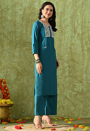 Embroidered Rayon Cotton Pakistani Suit in Teal Blue