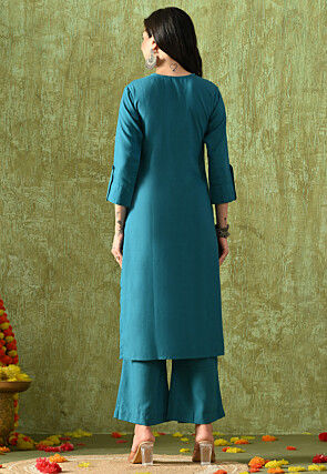Embroidered Rayon Cotton Pakistani Suit in Teal Blue