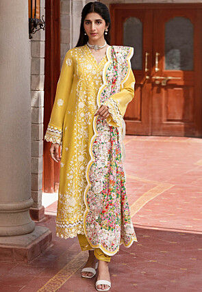 Embroidered Rayon Cotton Pakistani Suit in Yellow