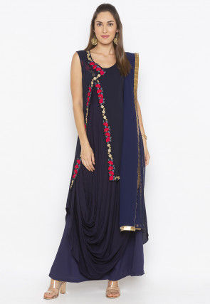 Embroidered Rayon Cowl Jacket Style Pakistani Suit in in Navy Blue