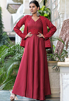 Embroidered Rayon Dress in Maroon