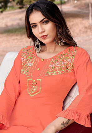 Embroidered Rayon Dress in Peach