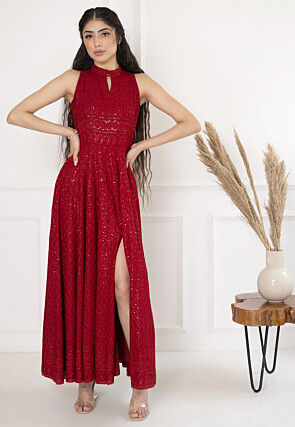 Embroidered Rayon Front Slit Dress in Maroon