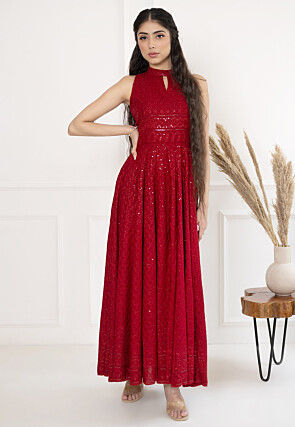 Embroidered Rayon Front Slit Dress in Maroon