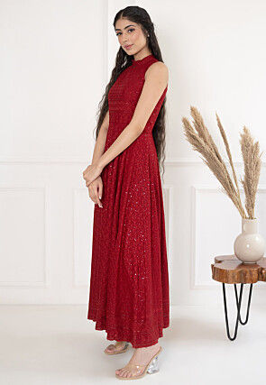 Embroidered Rayon Front Slit Dress in Maroon