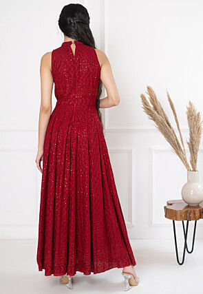 Embroidered Rayon Front Slit Dress in Maroon