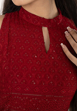 Embroidered Rayon Front Slit Dress in Maroon