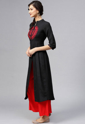 Embroidered Rayon Front Slit Kurta Set in Black